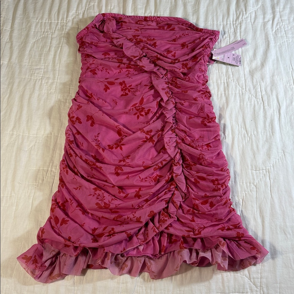 Barbiecore‎ Pink Floral Ruched Ruffle Mini Bodycon Dress - Size Medium